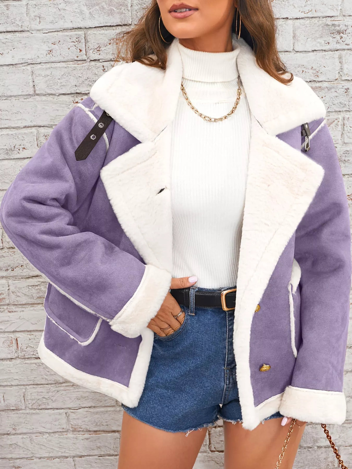 Purple plush-lined button-front jacket — front view