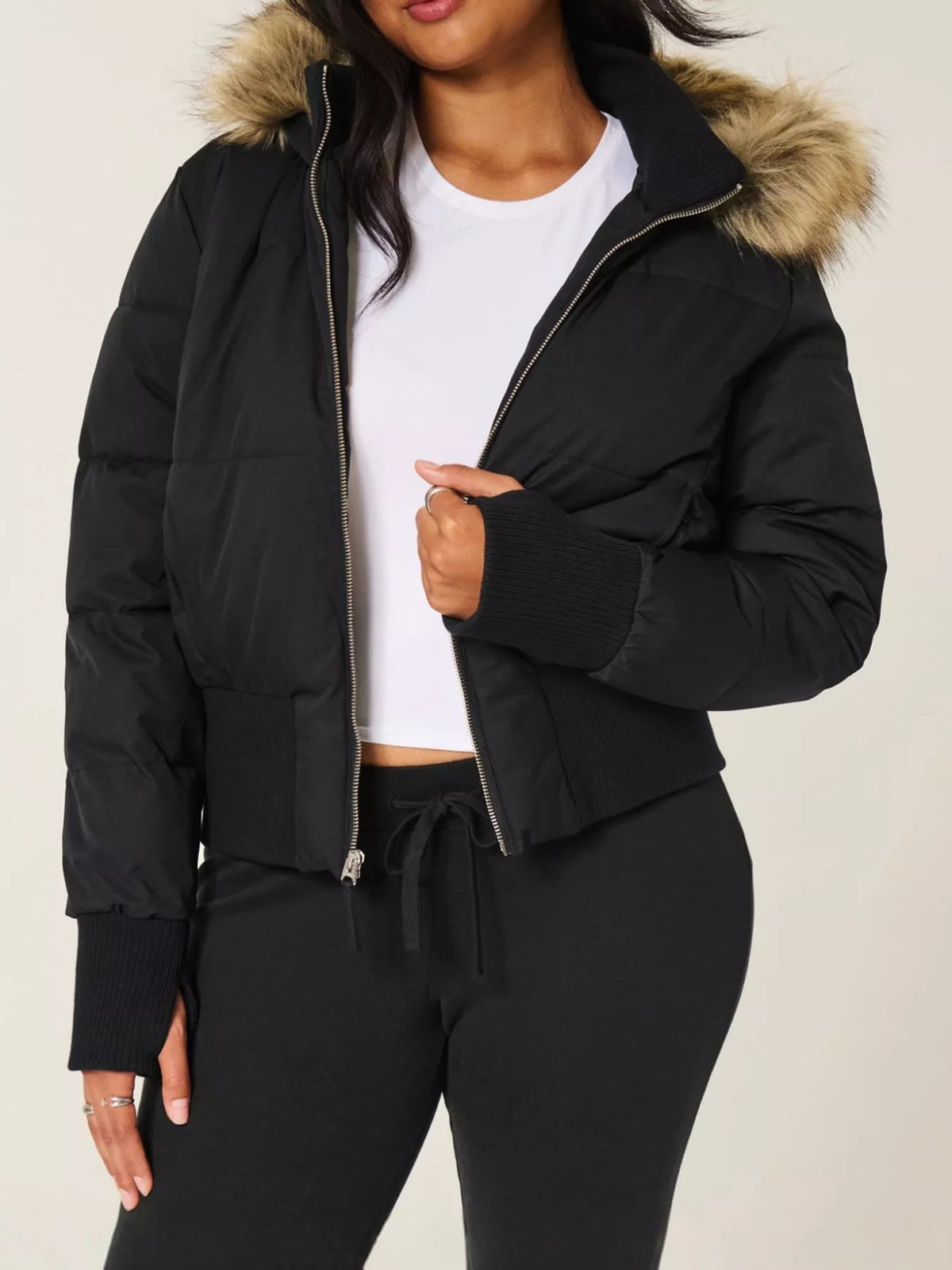 Faux Fur Hooded Puffer Jacket — front view