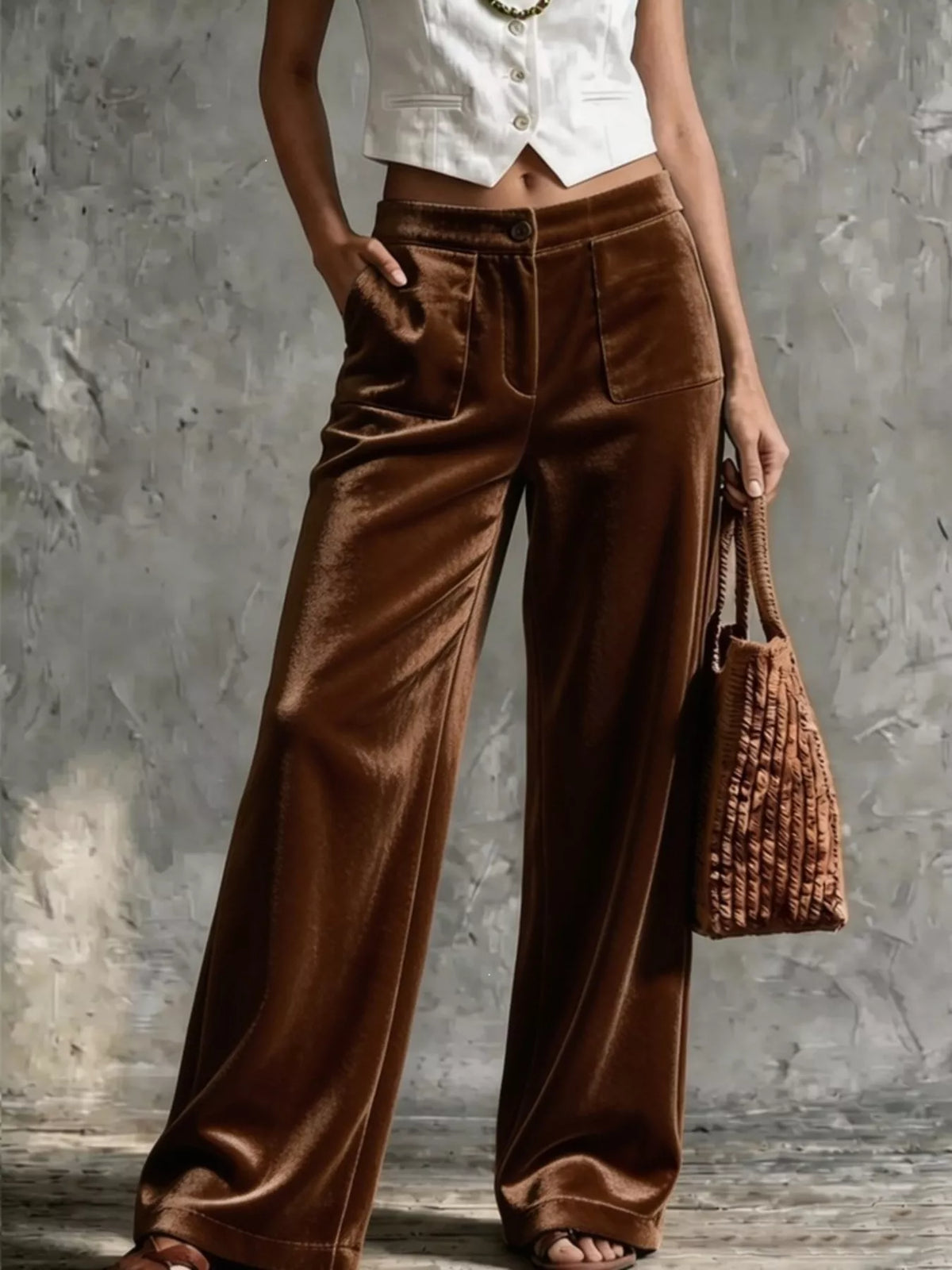 Women's Velvet Wide-Leg Pants in brown — front view