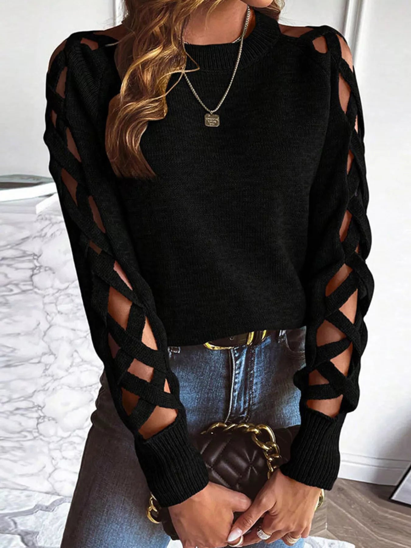 Trendsi Criss-Cross Cutout Long Sleeve Sweater -