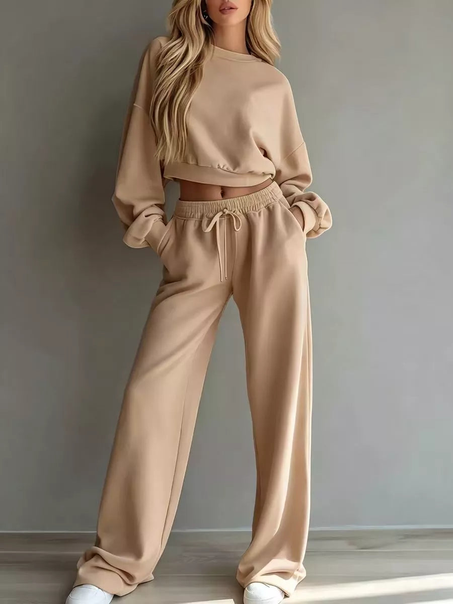 Trendsi Round Neck Cropped Sweatshirt and Wide-Leg Pants -