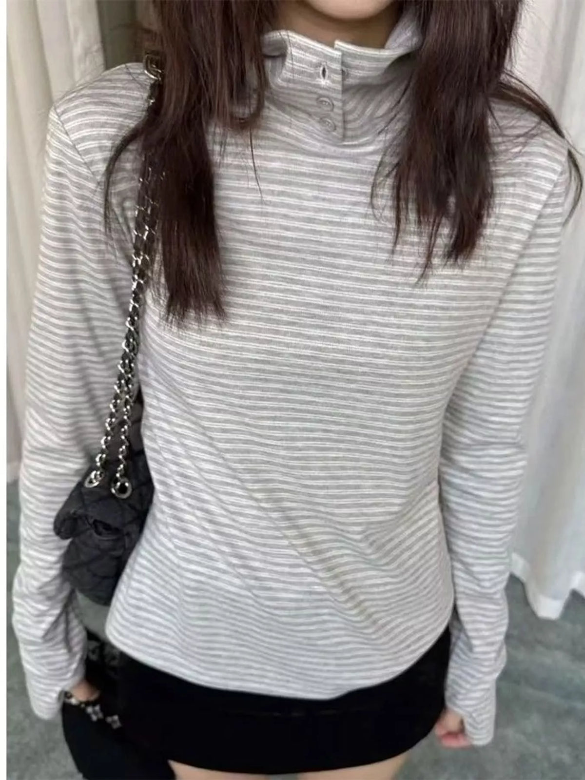 Light Gray striped mock neck button-detail long sleeve t-shirt