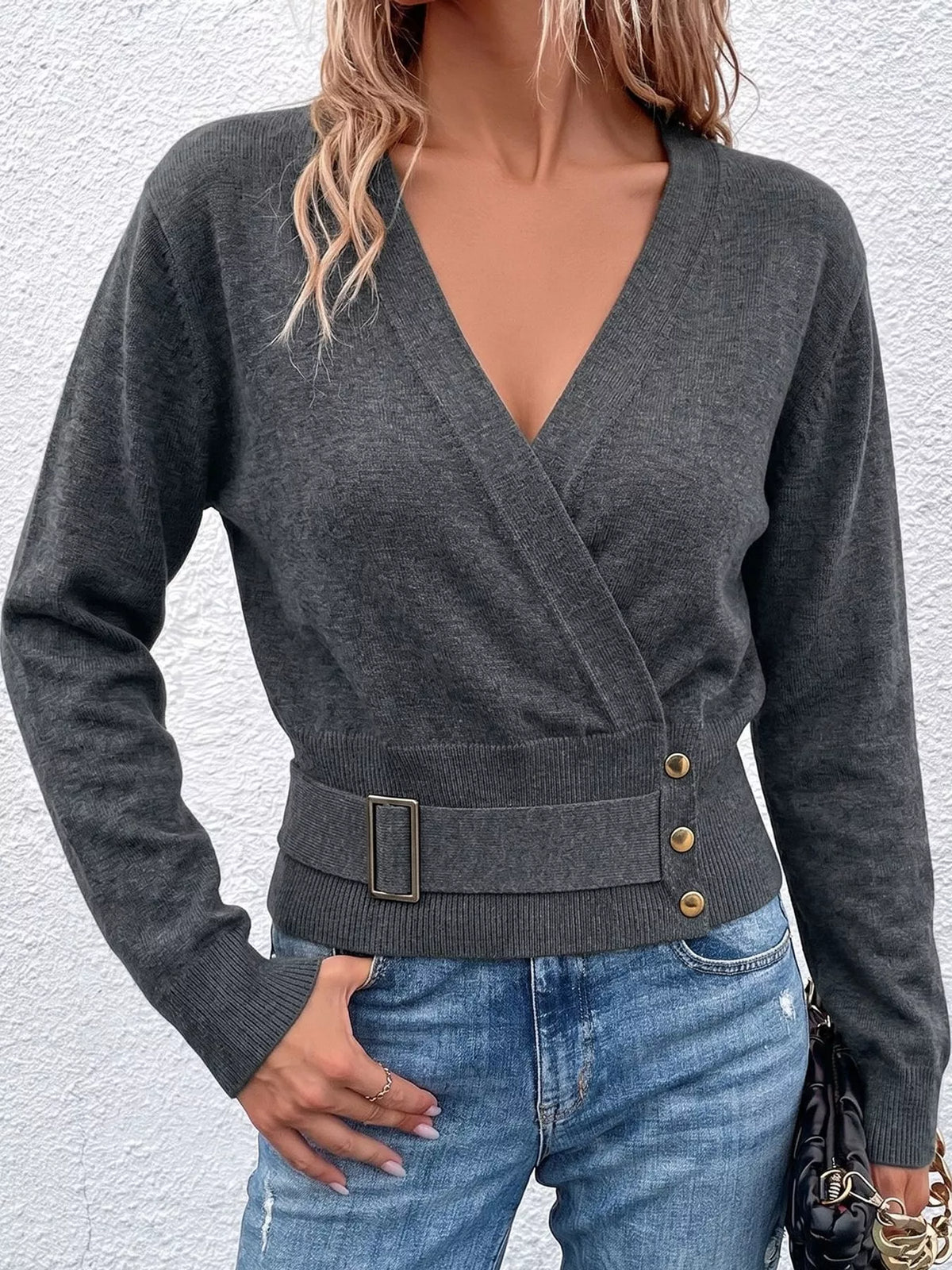 Surplice knit top, gray front