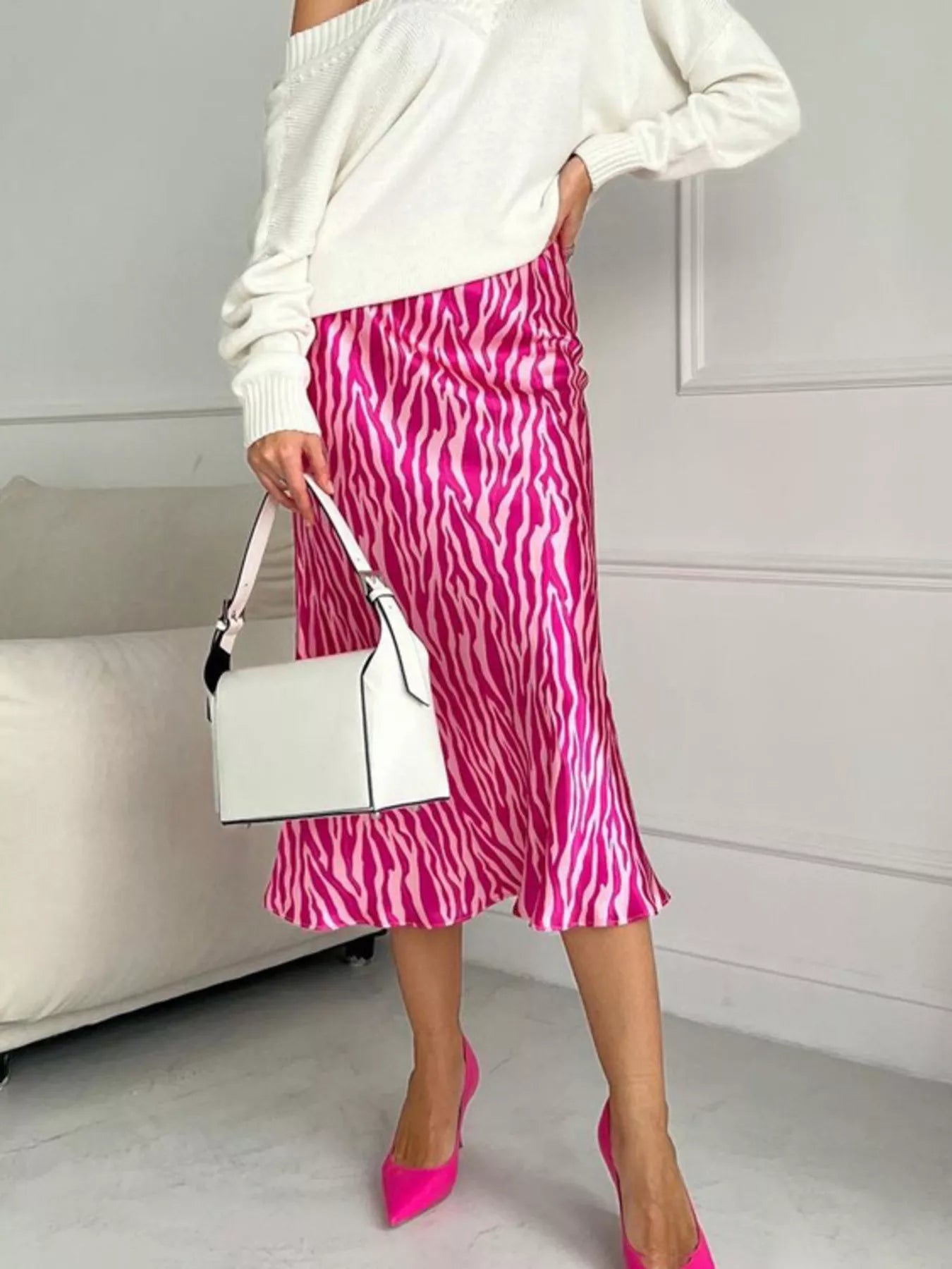 Trendsi Satin Zebra Print Midi Skirt -