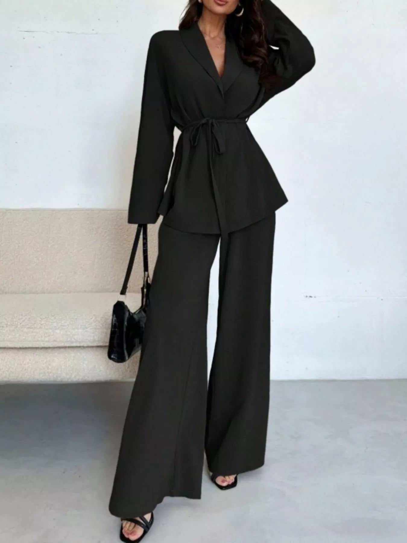 Trendsi Textured Tie Waist Top and Wide-Leg Pants Set -
