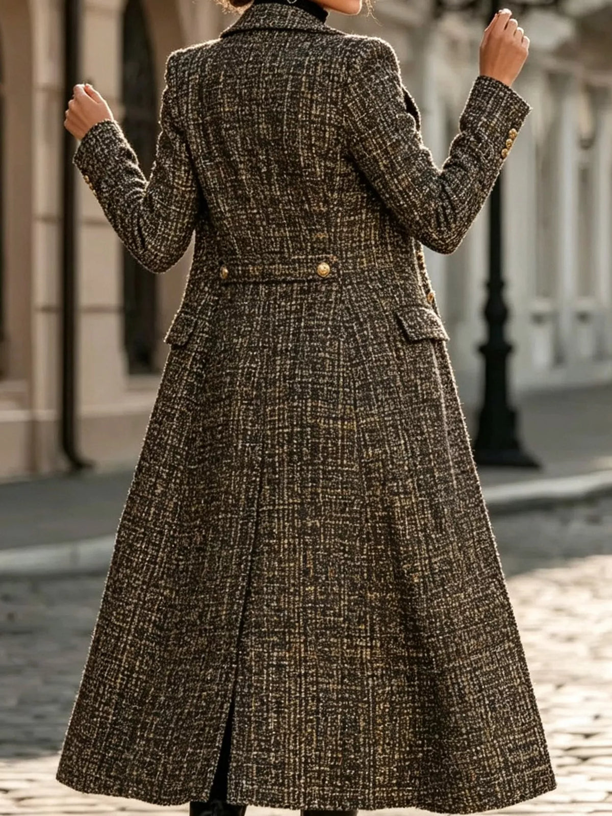 Heather Gray tweed long sleeve longline coat, back view