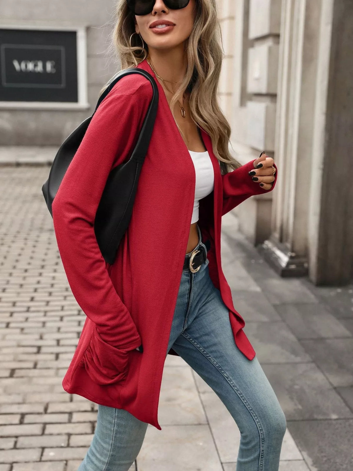 Ruched pocket open-front cardigan