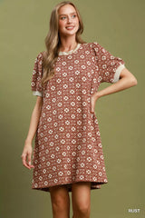 Trendsi Umgee Floral Textured Puff Sleeve Mini Dress -