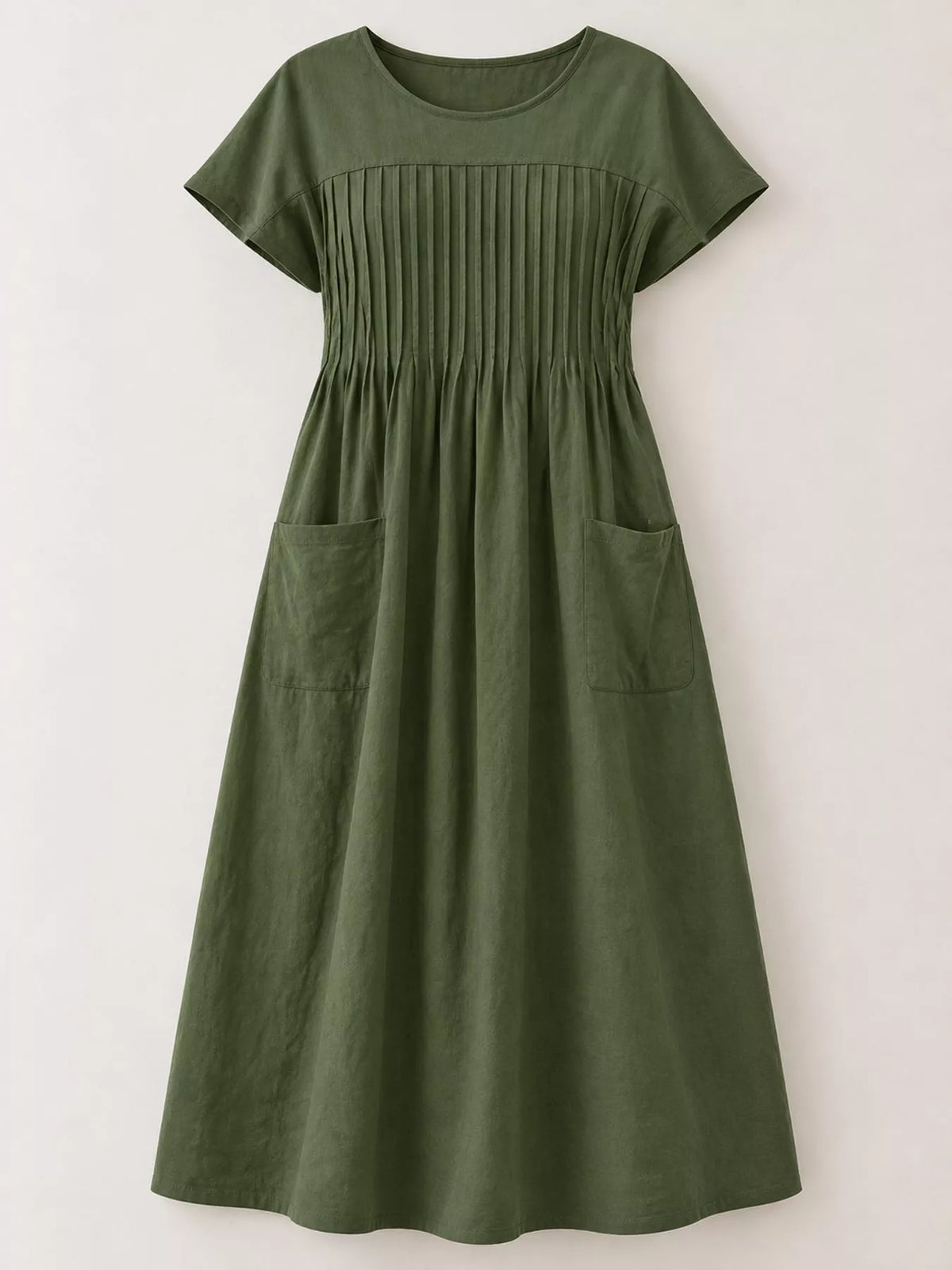Pleated Midi Dress with Pockets in olive green