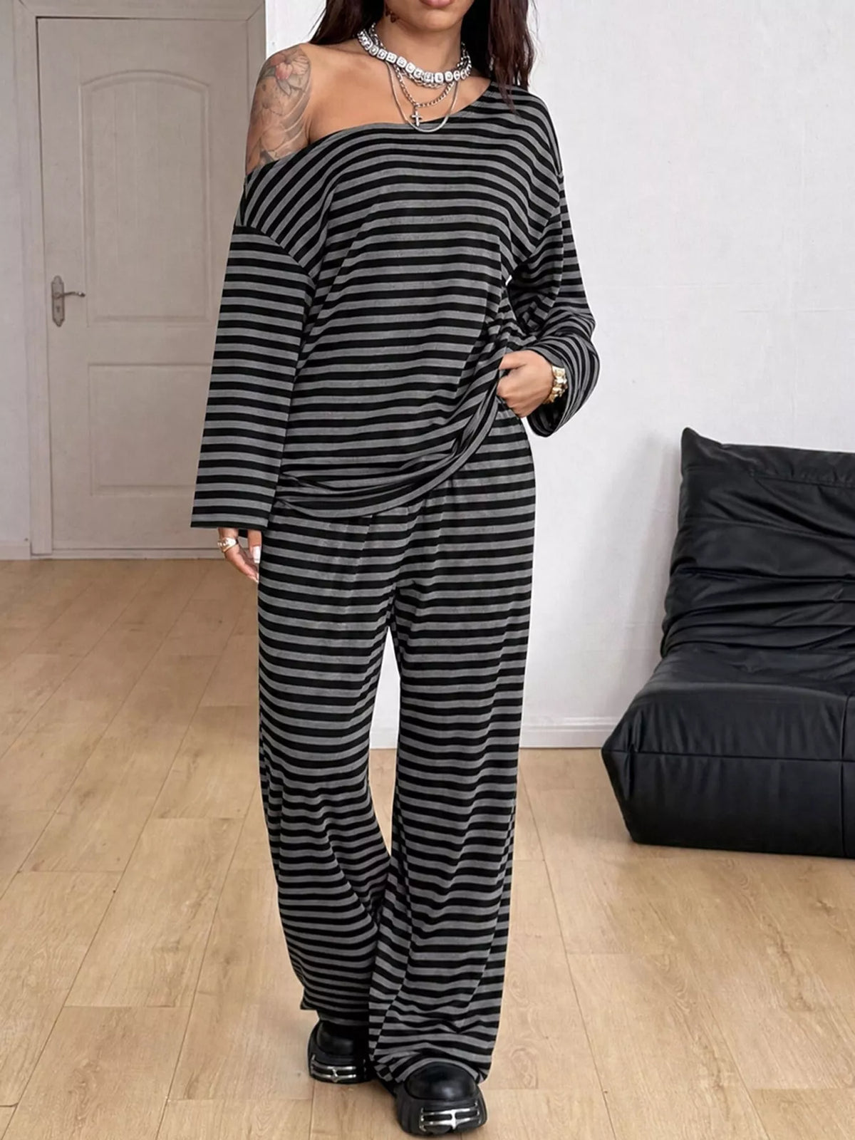 Off-Shoulder Striped Long Sleeve Top and Wide Leg Pants Set in black and white