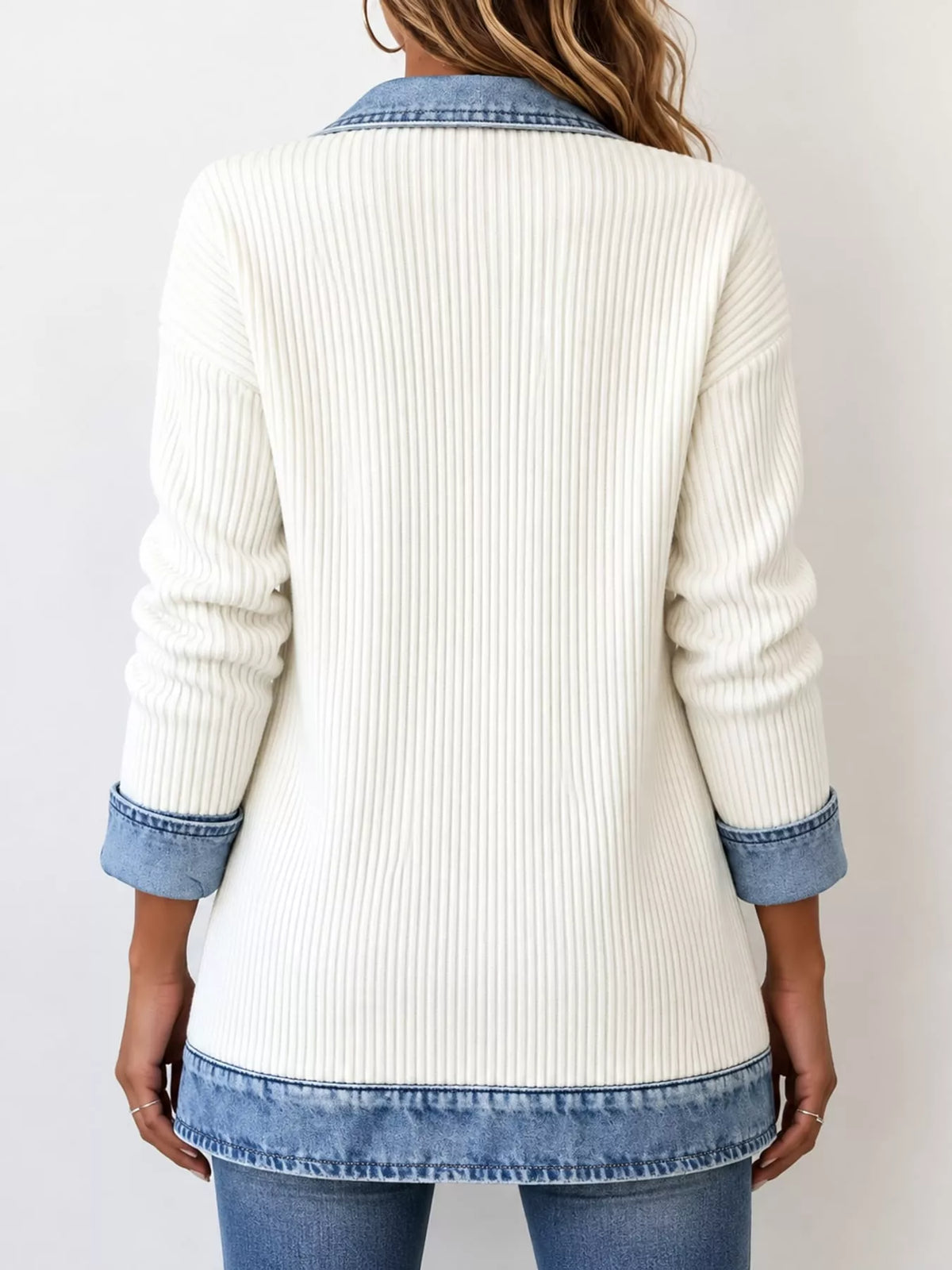 White denim trim ribbed knit cardigan, back view