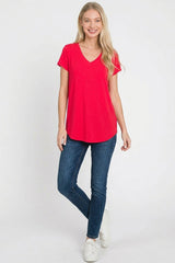 Trendsi Zenana Rayon Short Sleeve V-neck Round Hem Top -