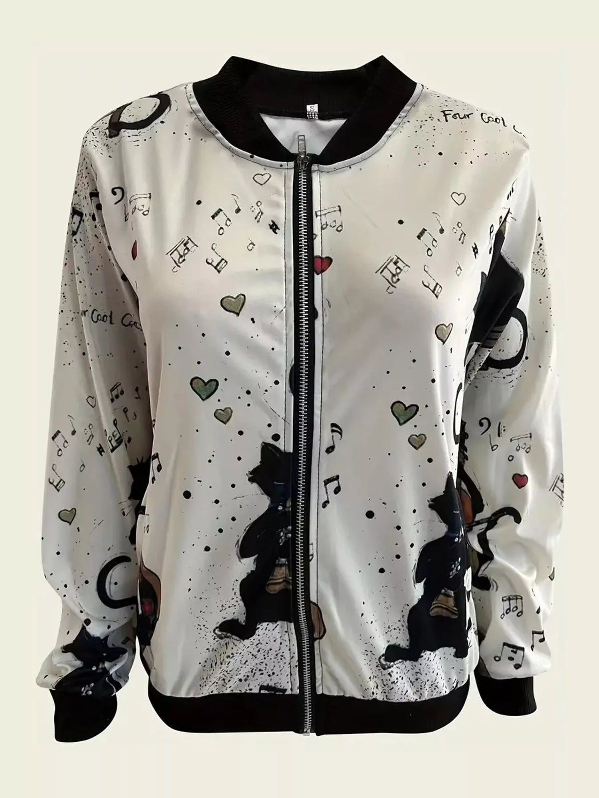 White cat print printed zip-up bomber jacket — front view