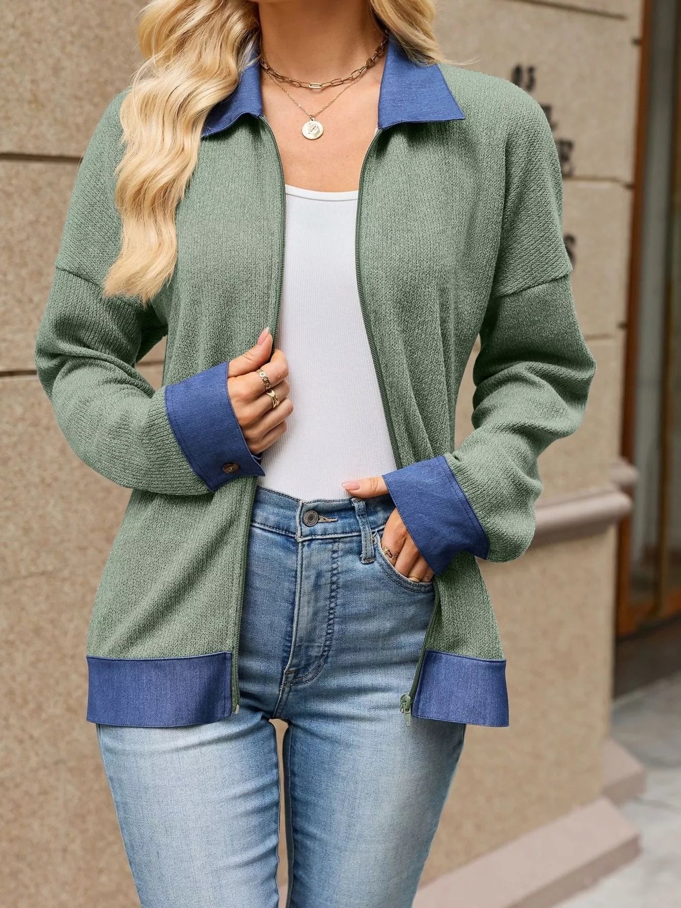 Trendsi Contrast Denim Collar Zip Up Outerwear -