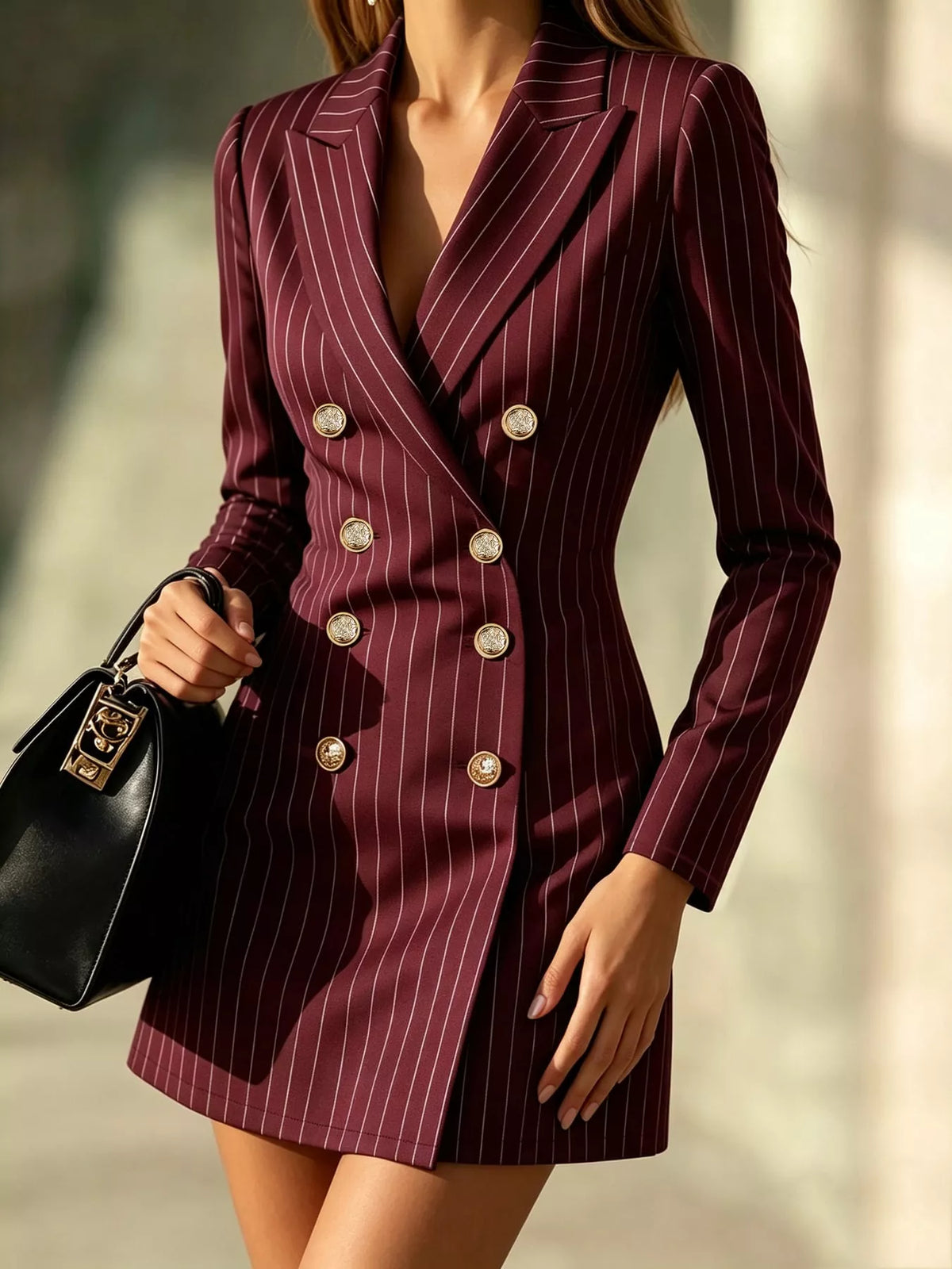 Burgundy striped double-breasted blazer dress