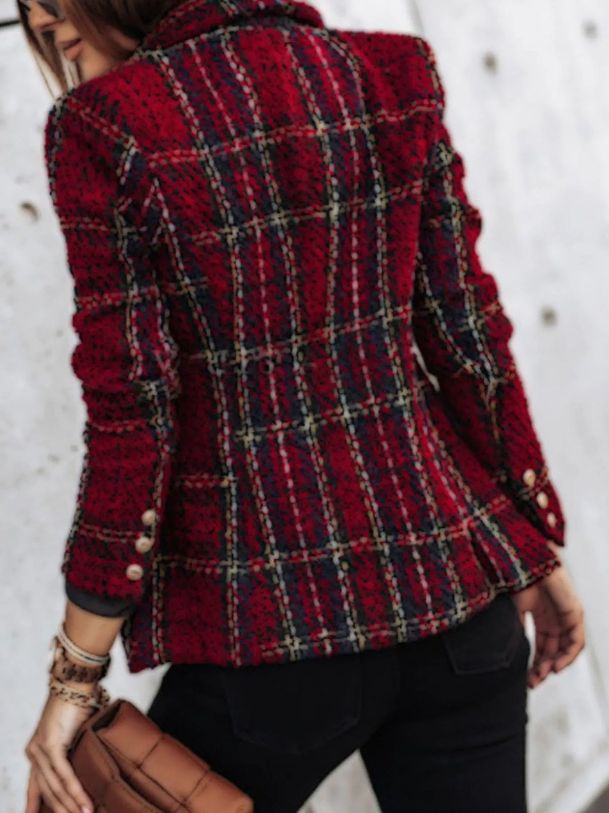 Plaid tweed-look double-breasted blazer