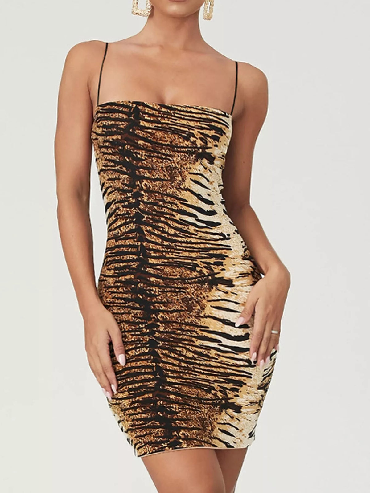 Square neck spaghetti-strap mini dress, front view on model
