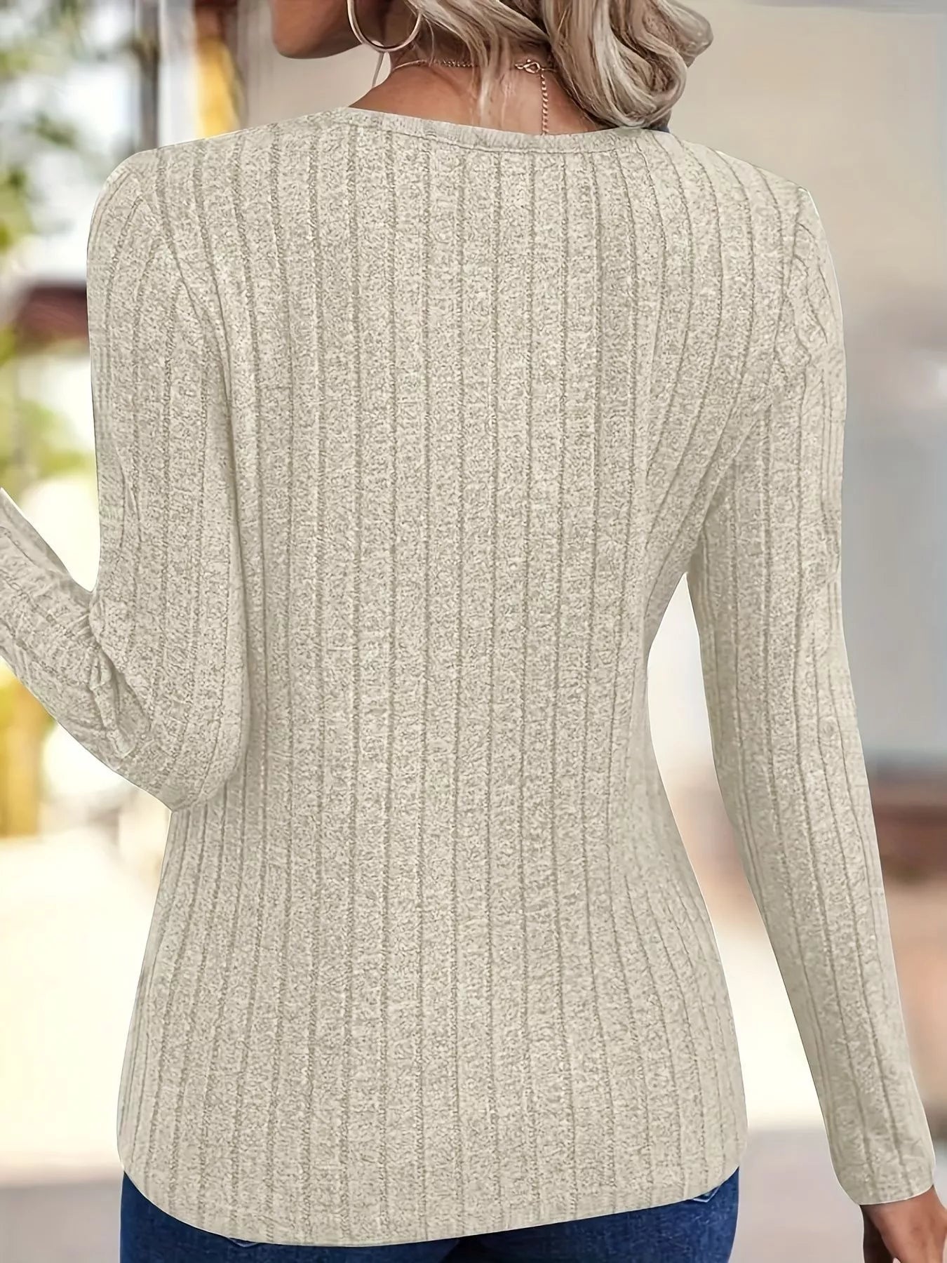 Trendsi Ribbed Knit V-Neck Long Sleeve T-Shirt -