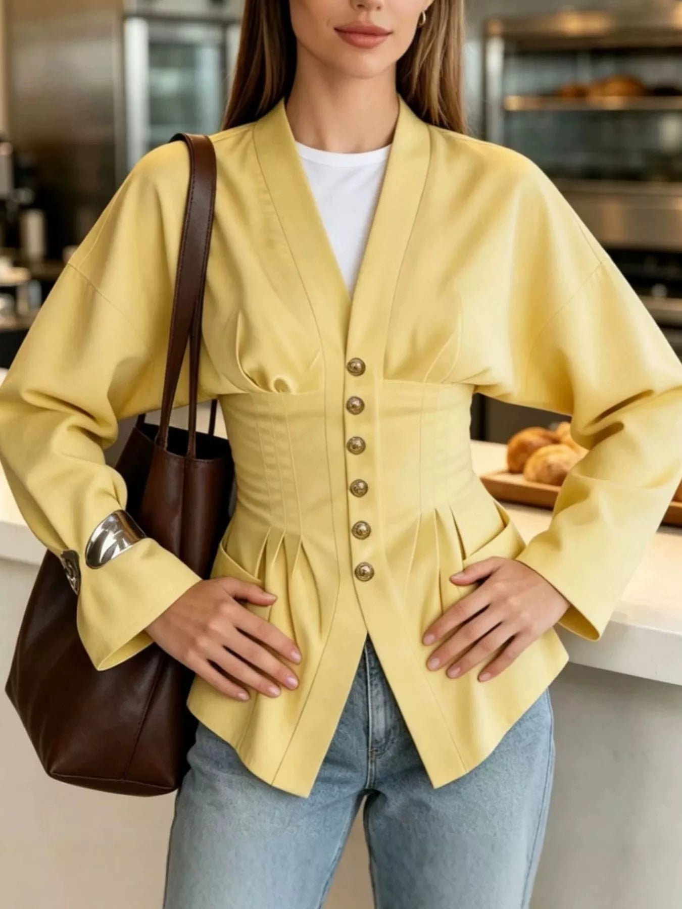 Trendsi Pleated Waist Blouse with Button Detail -