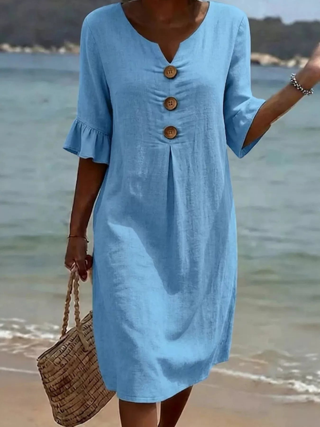 Trendsi Full Size Casual Decor Button Dress with Ruffle Sleeves Plus Size -