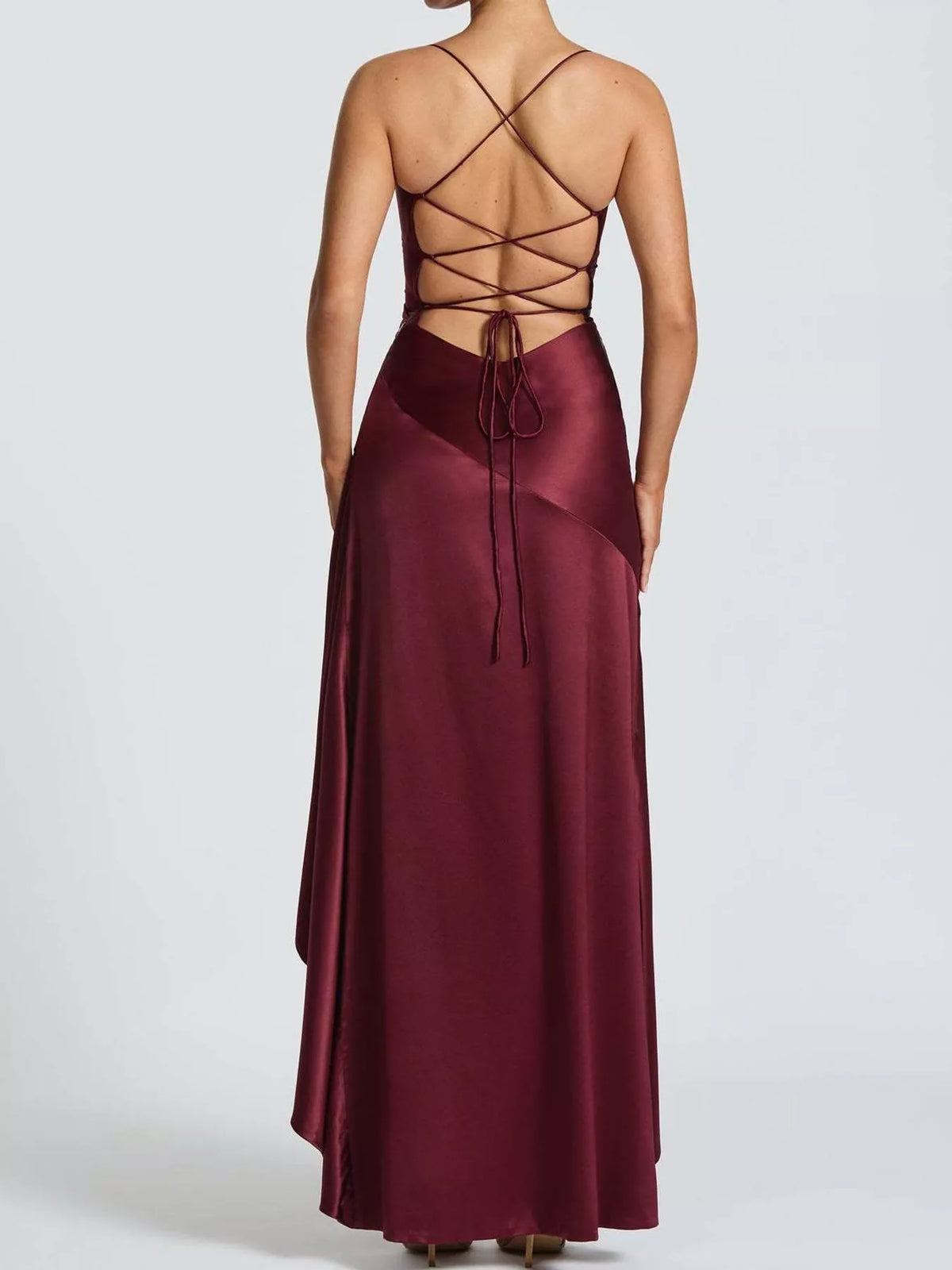 Burgundy high-low ruffle-hem evening dress, lace-up back view