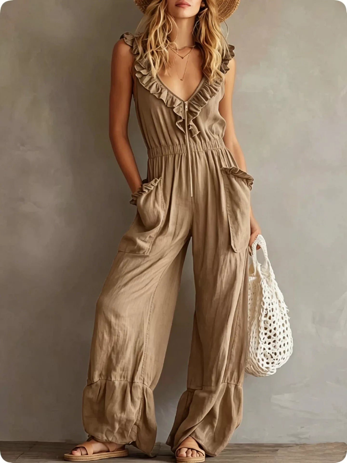 Trendsi Ruffled V-Neck Wide Leg Jumpsuit -