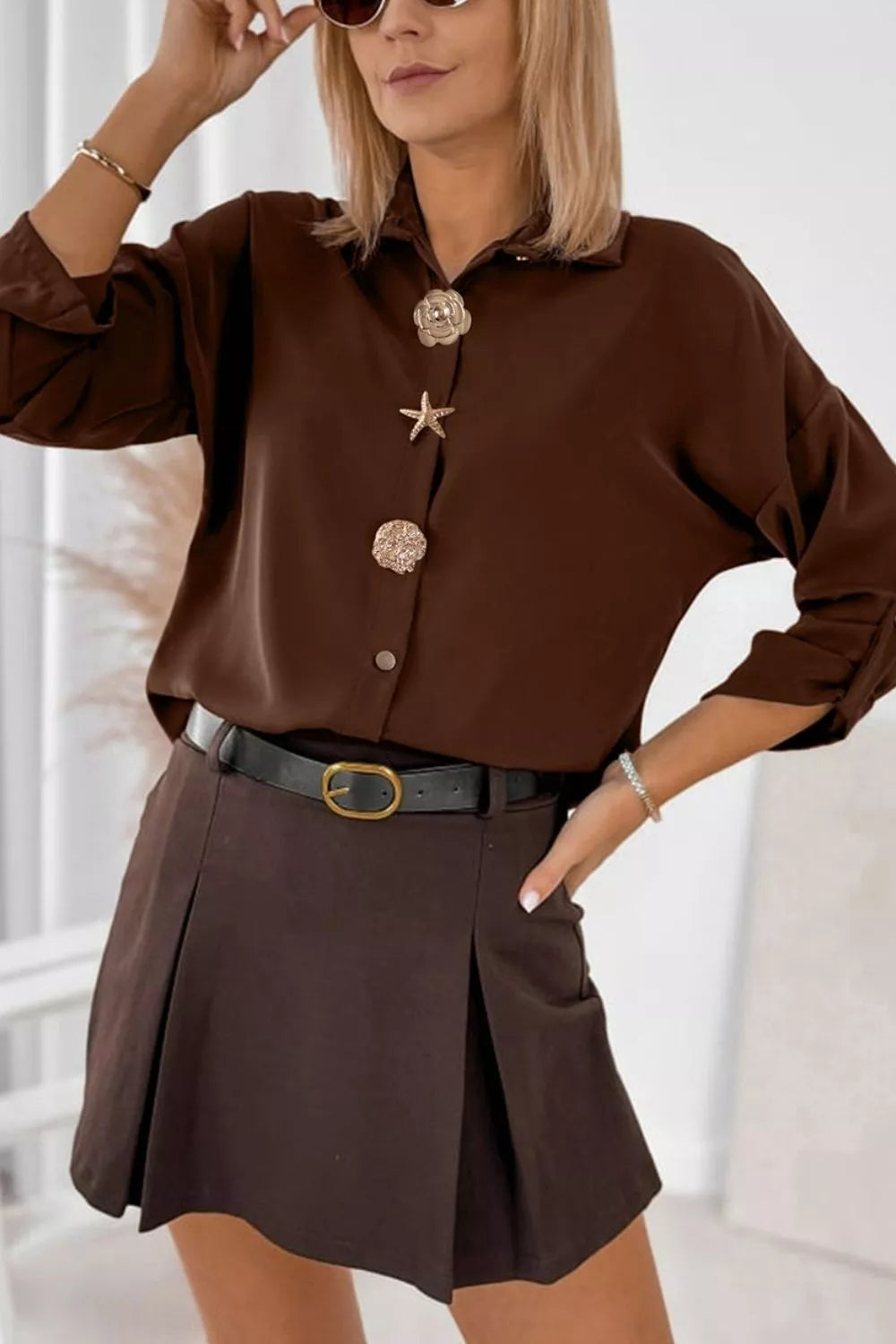 Trendsi Multi Button Decoration Tab Long Sleeve Casual Shirt -