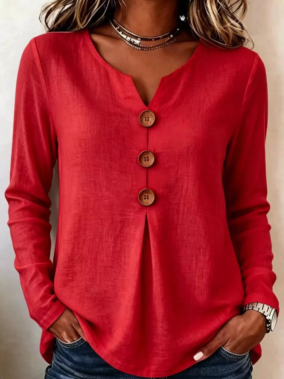 Red long sleeve decorative button blouse