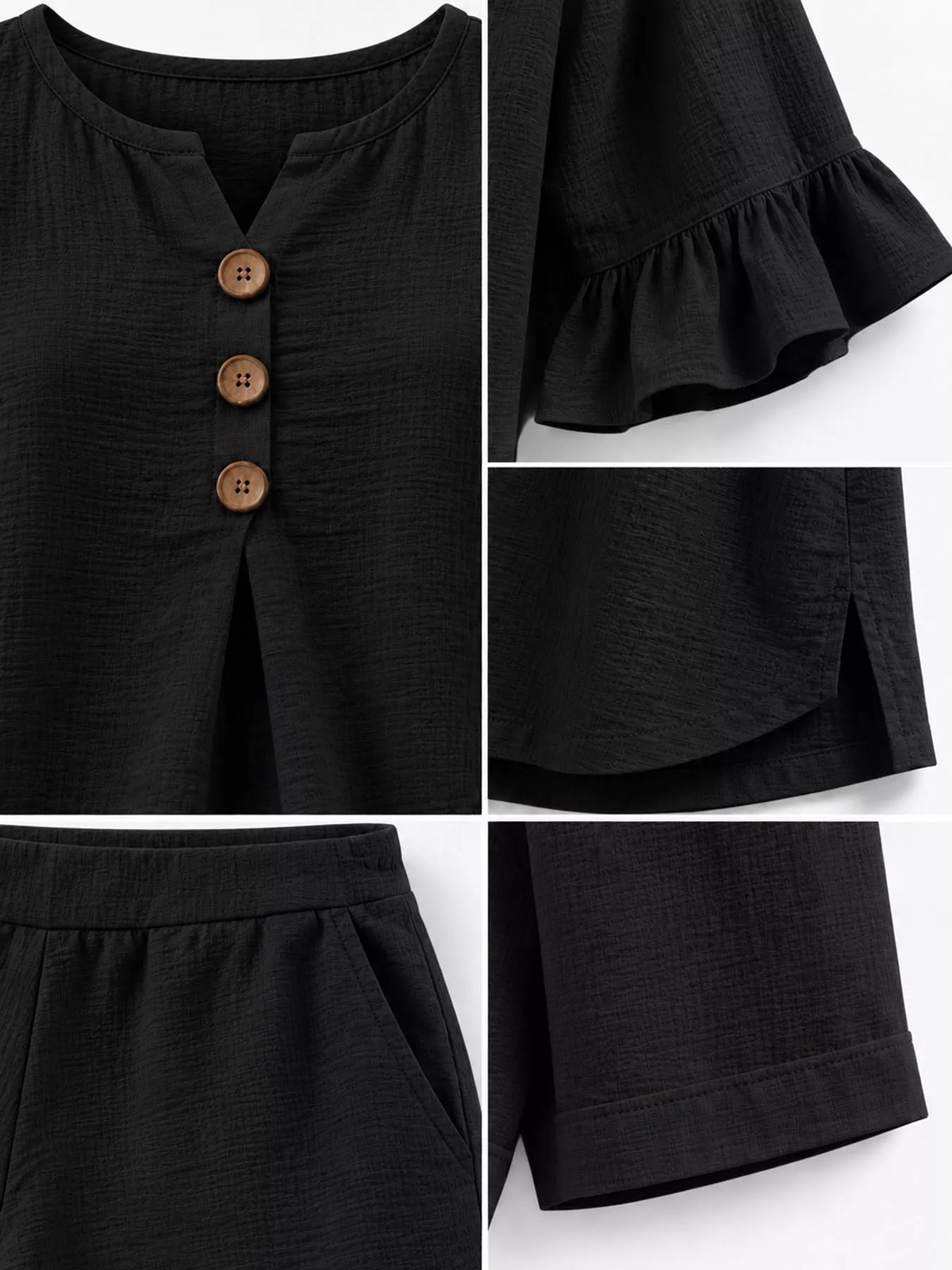 Decorative Button Blouse and Shorts Set, detail view in black