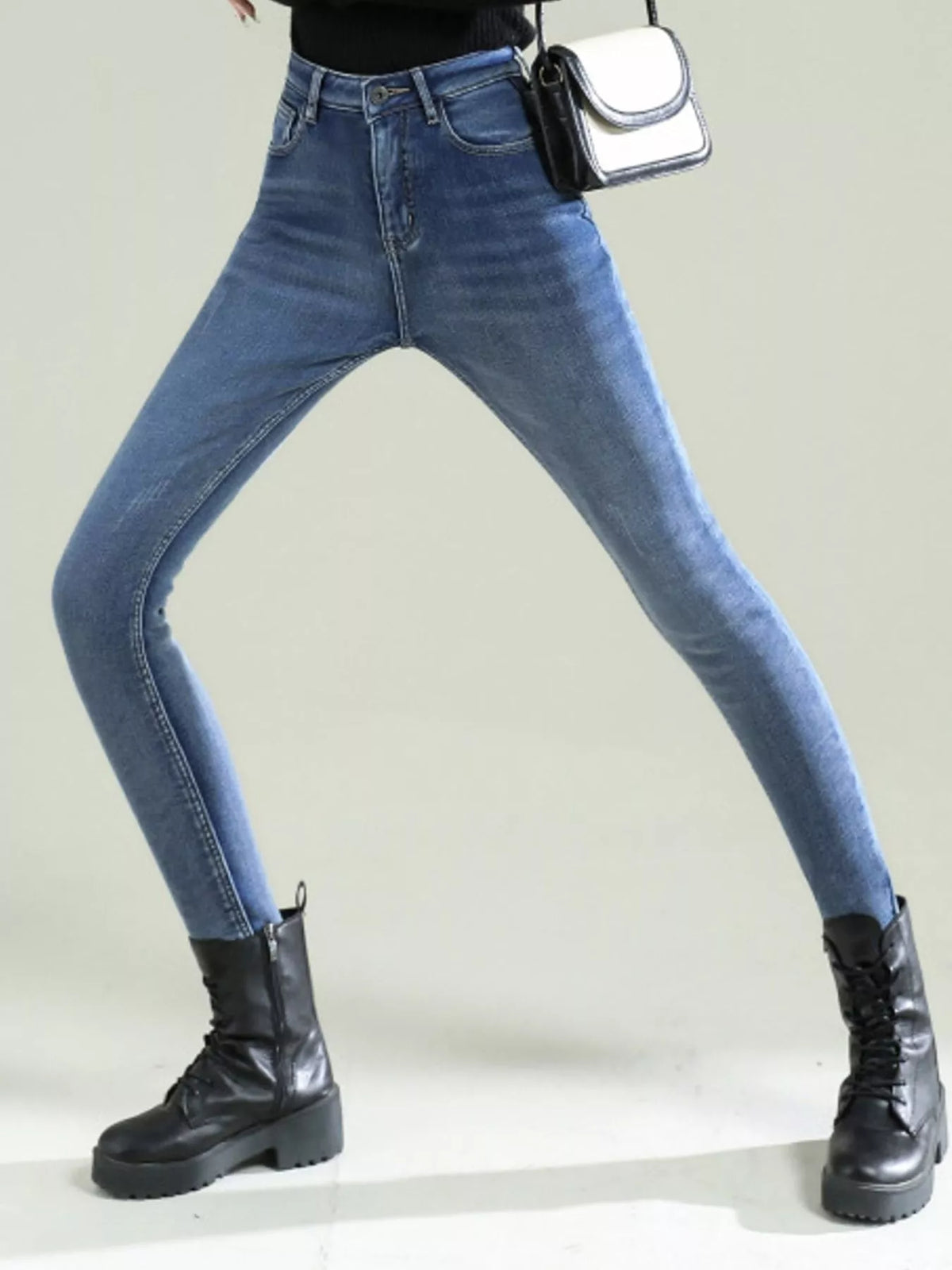 High-Waisted Slim-Fit Stretch Fleece Jeans — front view