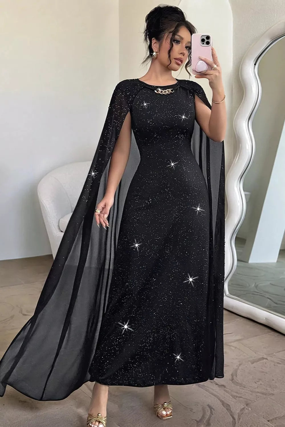 Trendsi Glitter Cape-Sleeve Maxi Dress -