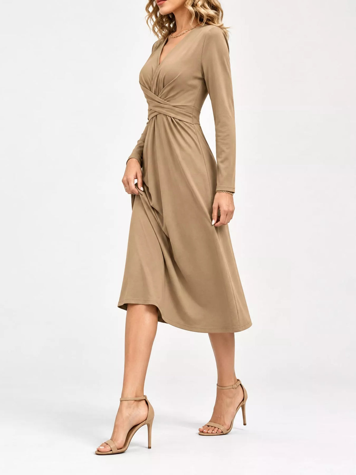 Camel long sleeve ruched-front midi dress, side view