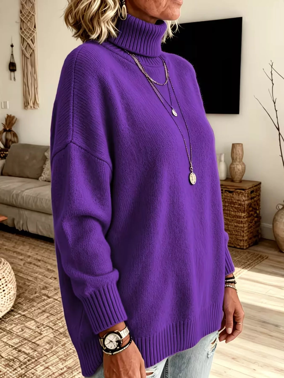 Purple turtleneck sweater, side view
