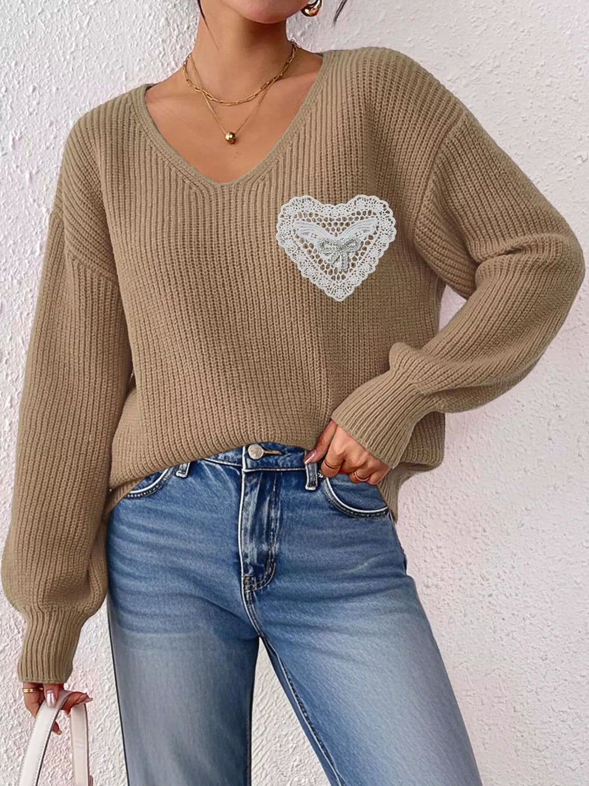 Camel Lace Heart Dropped Shoulder Sweater close-up view