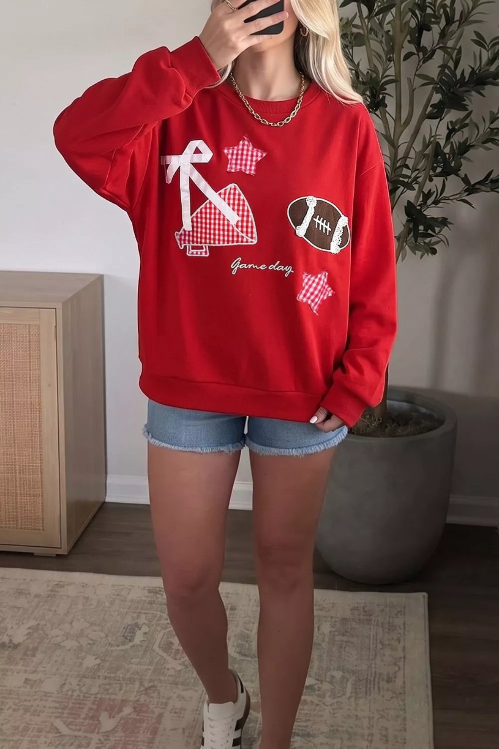 Trendsi Gingham Patch Embroidered Rugby Game Day Stars Sweatshirt -