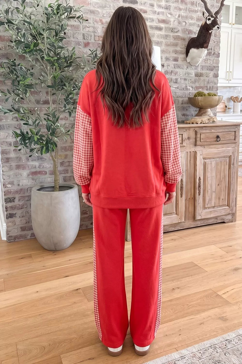 Red plaid contrast long sleeve top and wide-leg pants set — back view