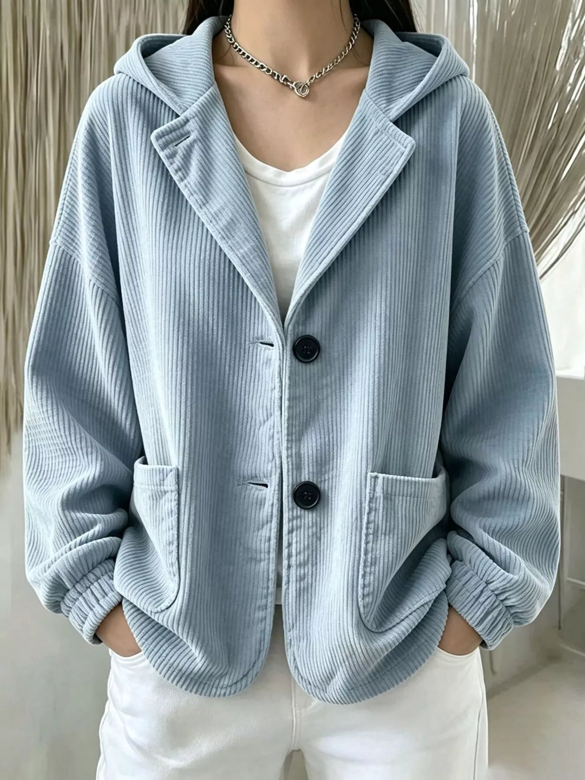 Women's Corduroy Button Up Hooded Jacket in light blue — front view