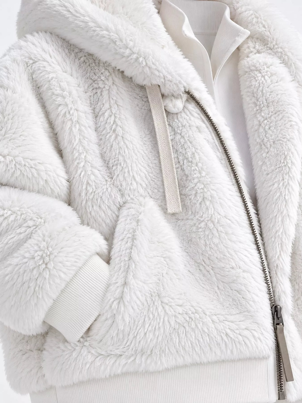 White faux fur zip up hooded jacket, detail view