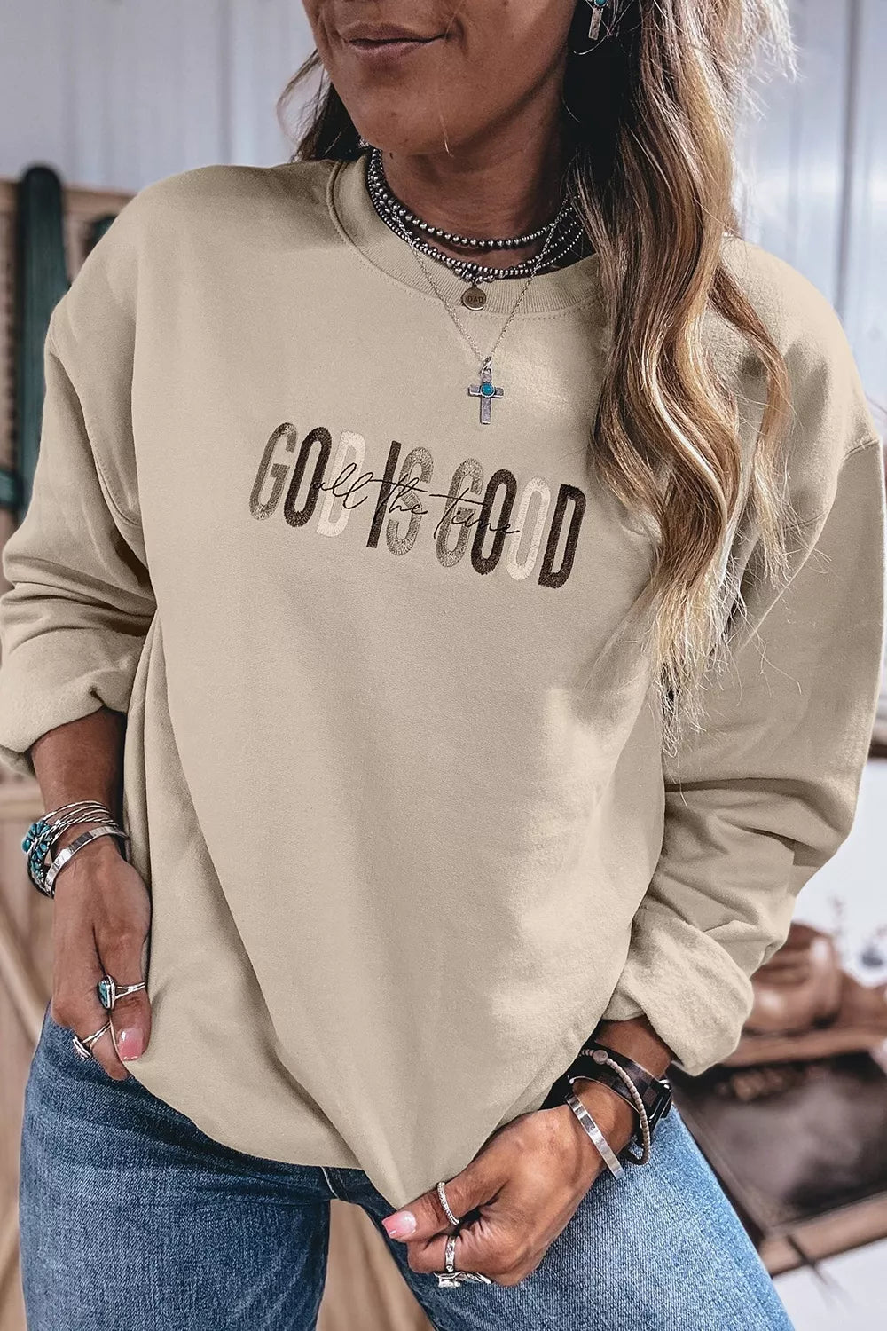 Trendsi God Is Good Letter Graphic Crew Neck Sweatshirt -