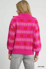 Trendsi Umgee Floral Patterned Jacquard Quarter-Zip Pullover Sweater -