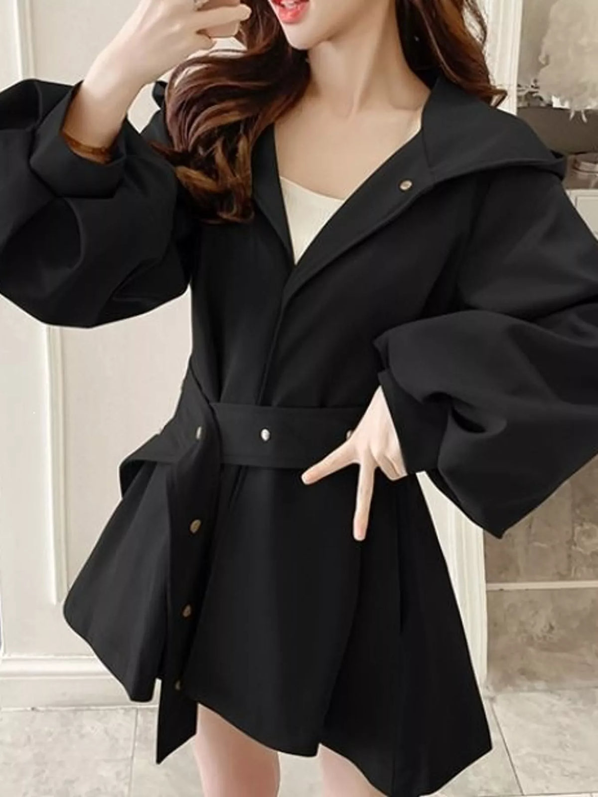 Black lantern sleeve hooded belted jacket