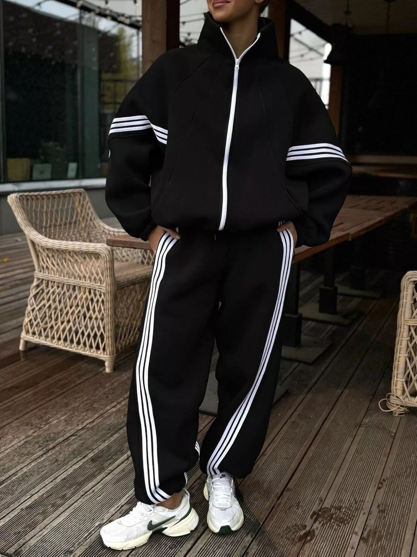 Trendsi Contrast Striped Zip Up Top and Pants Set -