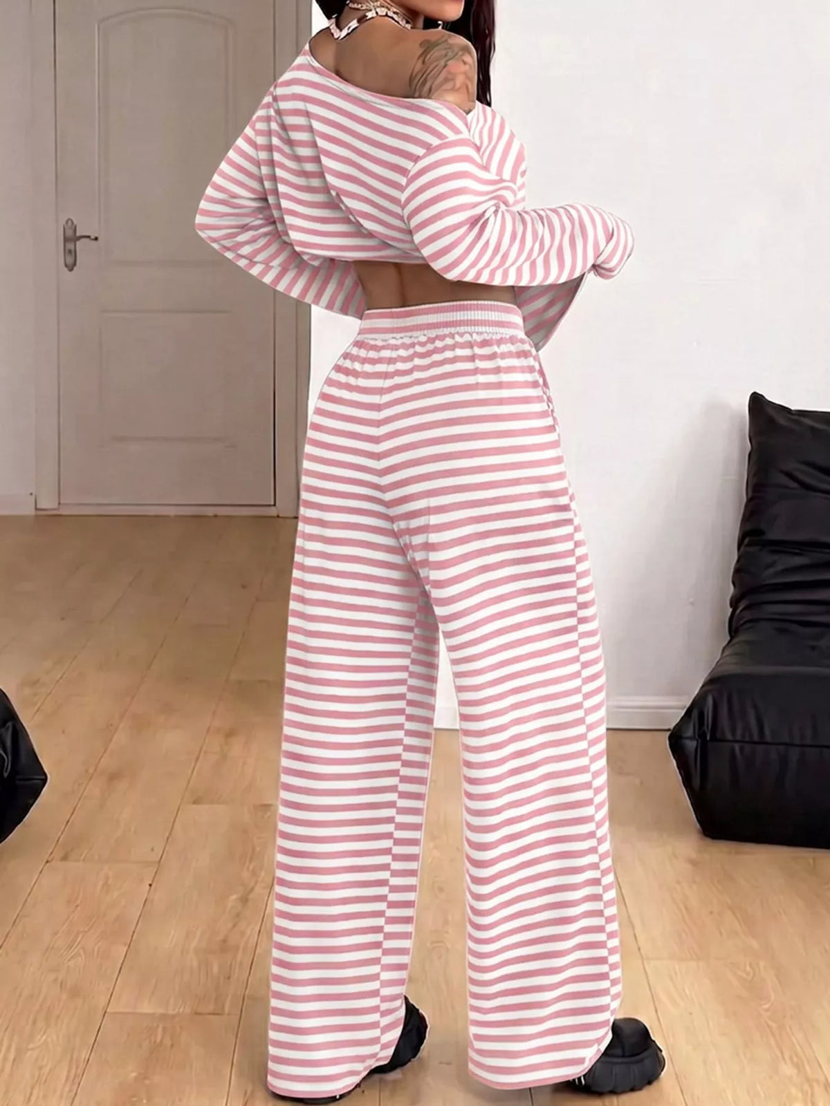Off-Shoulder Striped Long Sleeve Top and Wide Leg Pants Set, back view in pink and white