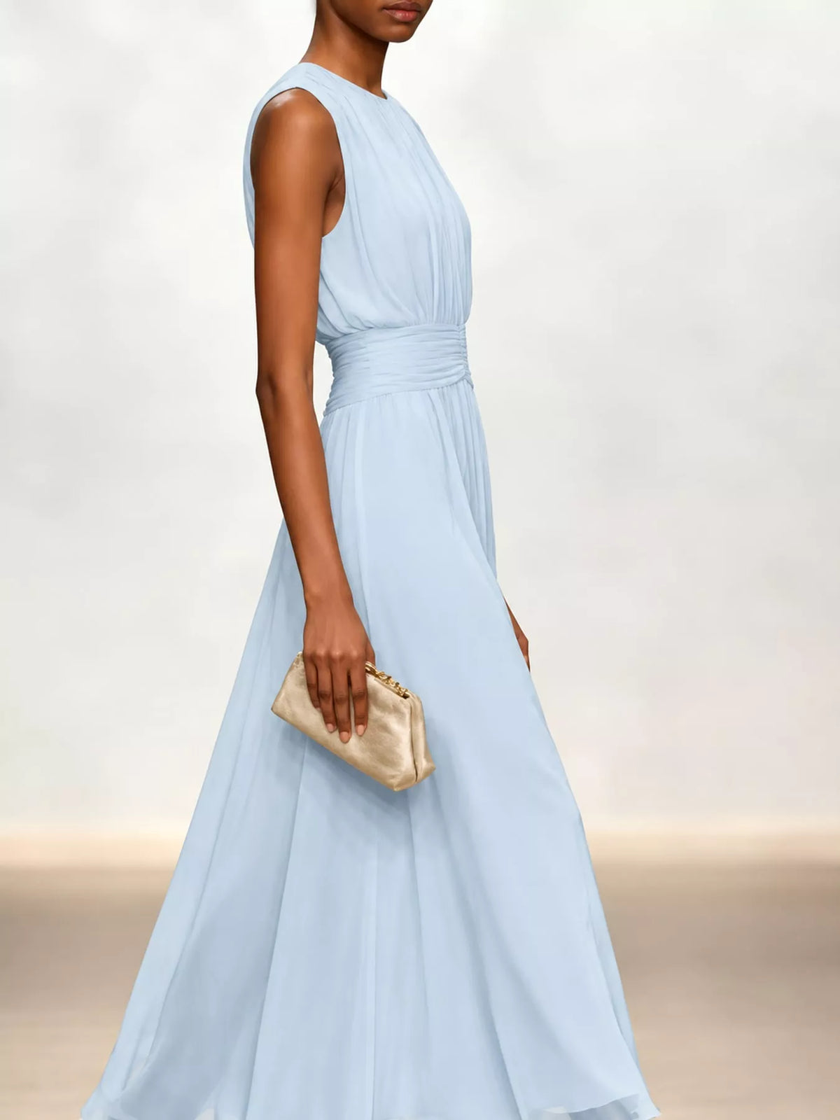 Light blue sleeveless ruched chiffon maxi dress, side view