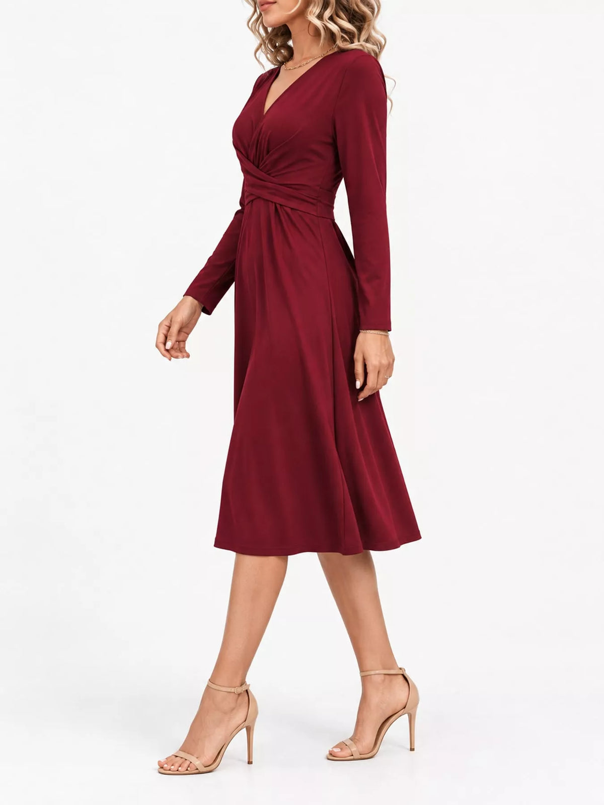 Burgundy long sleeve ruched-front midi dress, side view