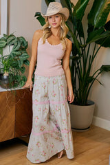 Trendsi BiBi Rose Printed Gauze Trim Detail Smocked Maxi Pants -