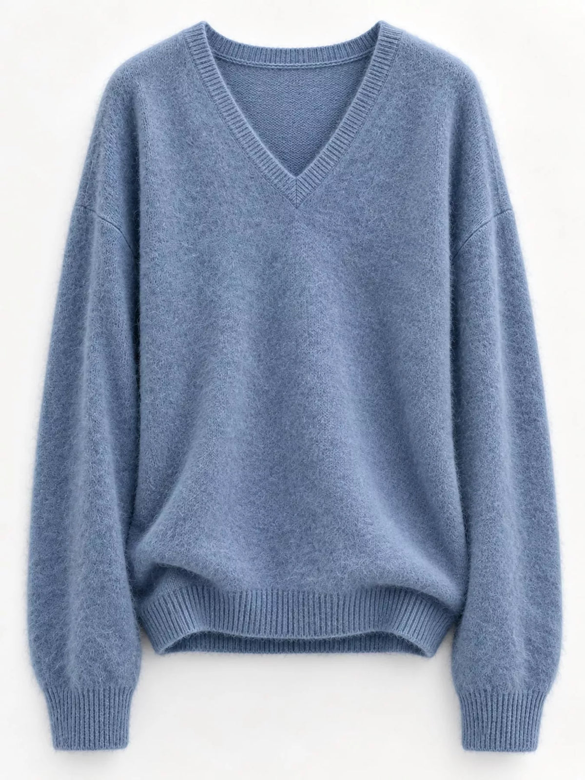 Blue v-neck sweater, flat front view showing V-neckline, ribbed cuffs, and hem