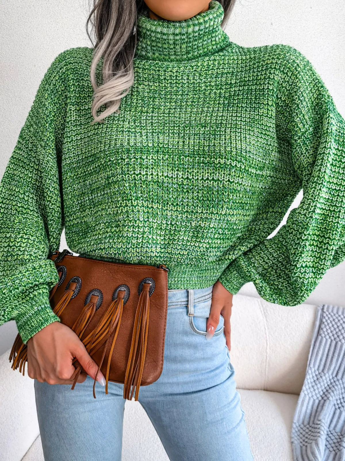 Turtleneck Dropped Shoulder Sweater in green, front view