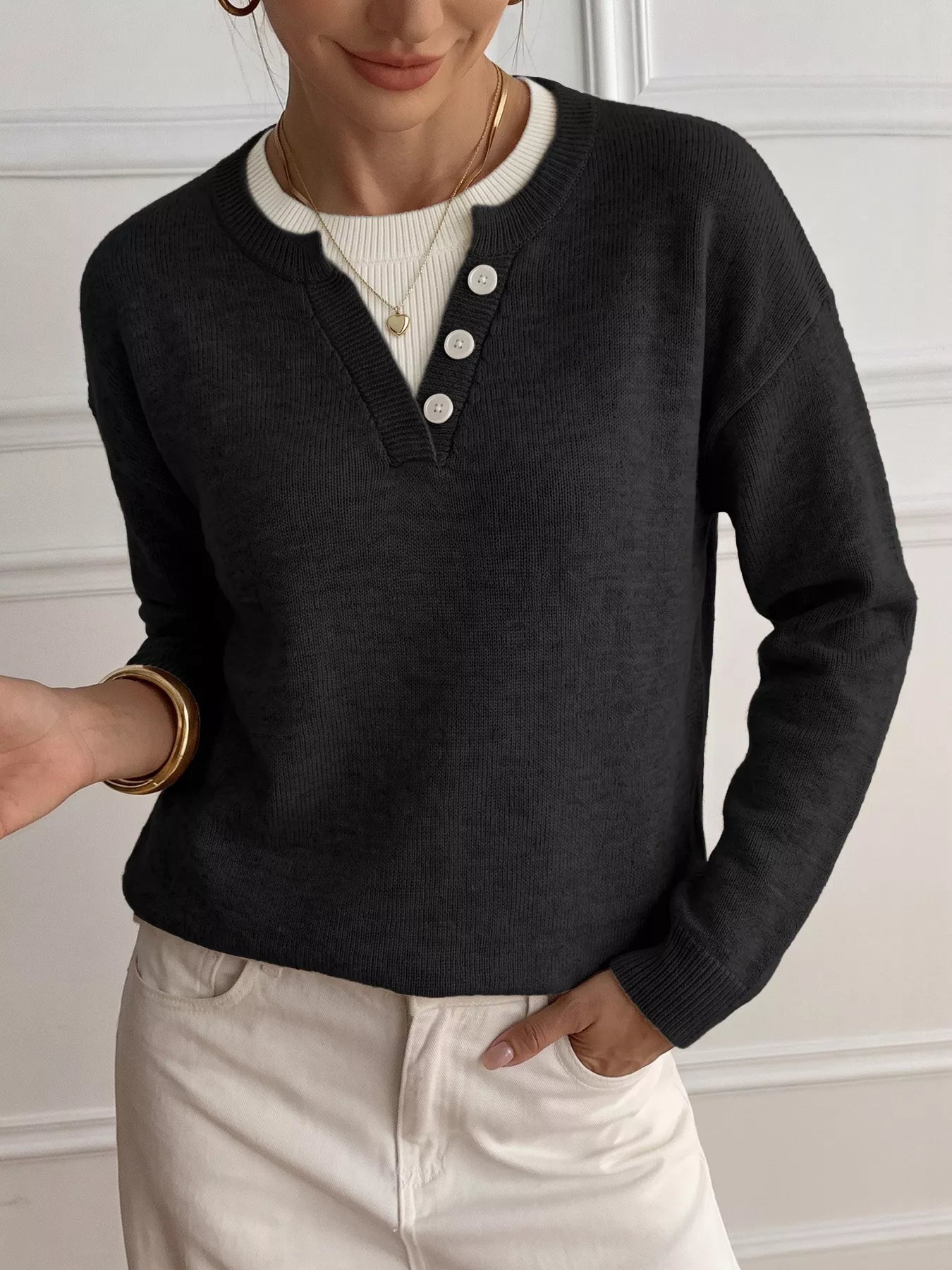 Trendsi Decor Button-Placket Ribbed Knit Sweater -