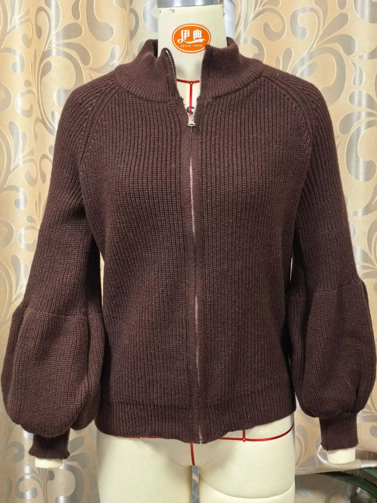Coffee ribbed knit zip-up lantern sleeve cardigan